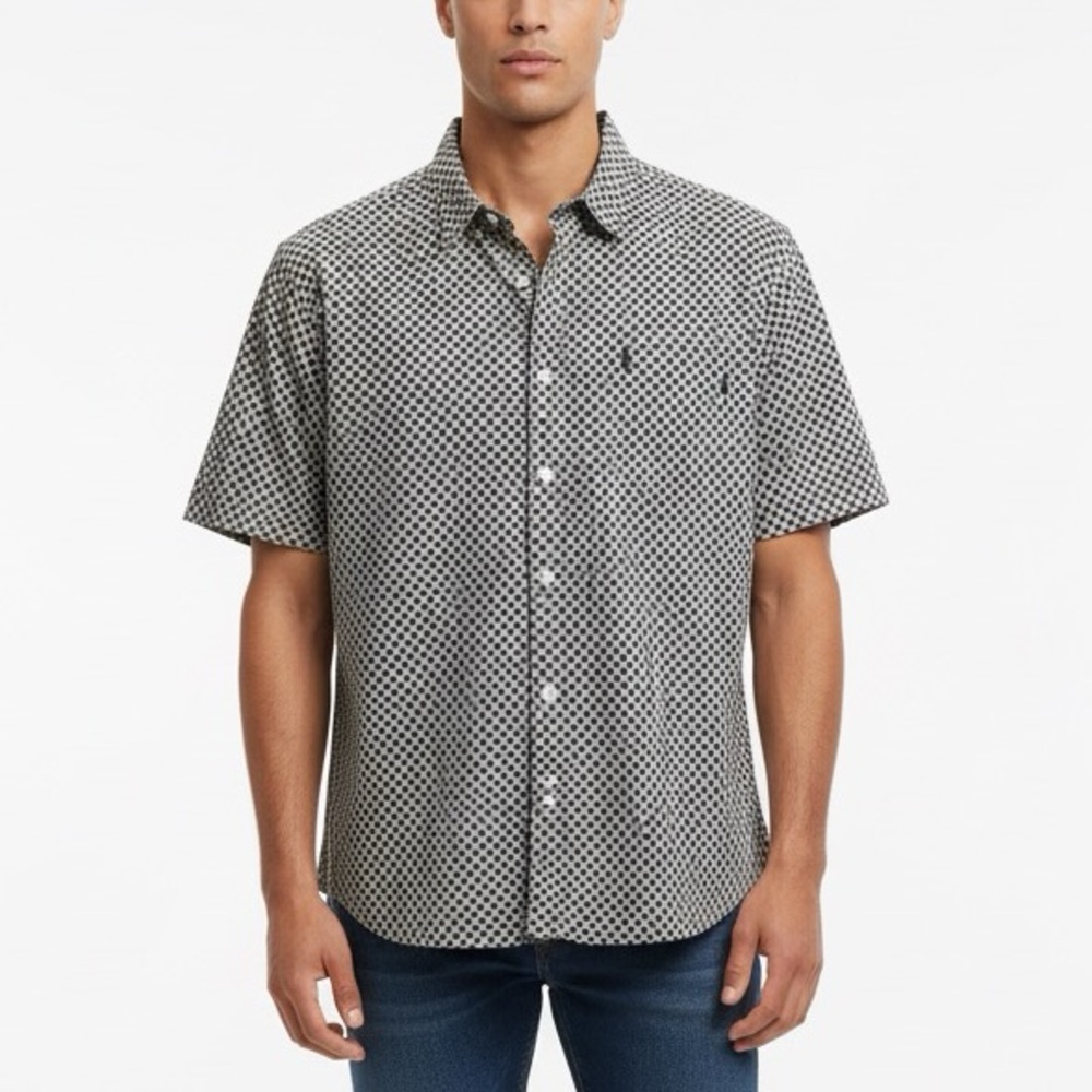 Dockers Men's 100% Cotton Navy Blue and Cream Patterned Shirt